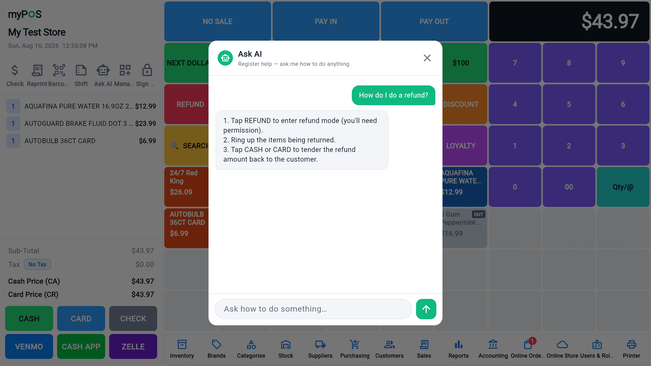 The Ask AI assistant answering a cashier question about running a refund