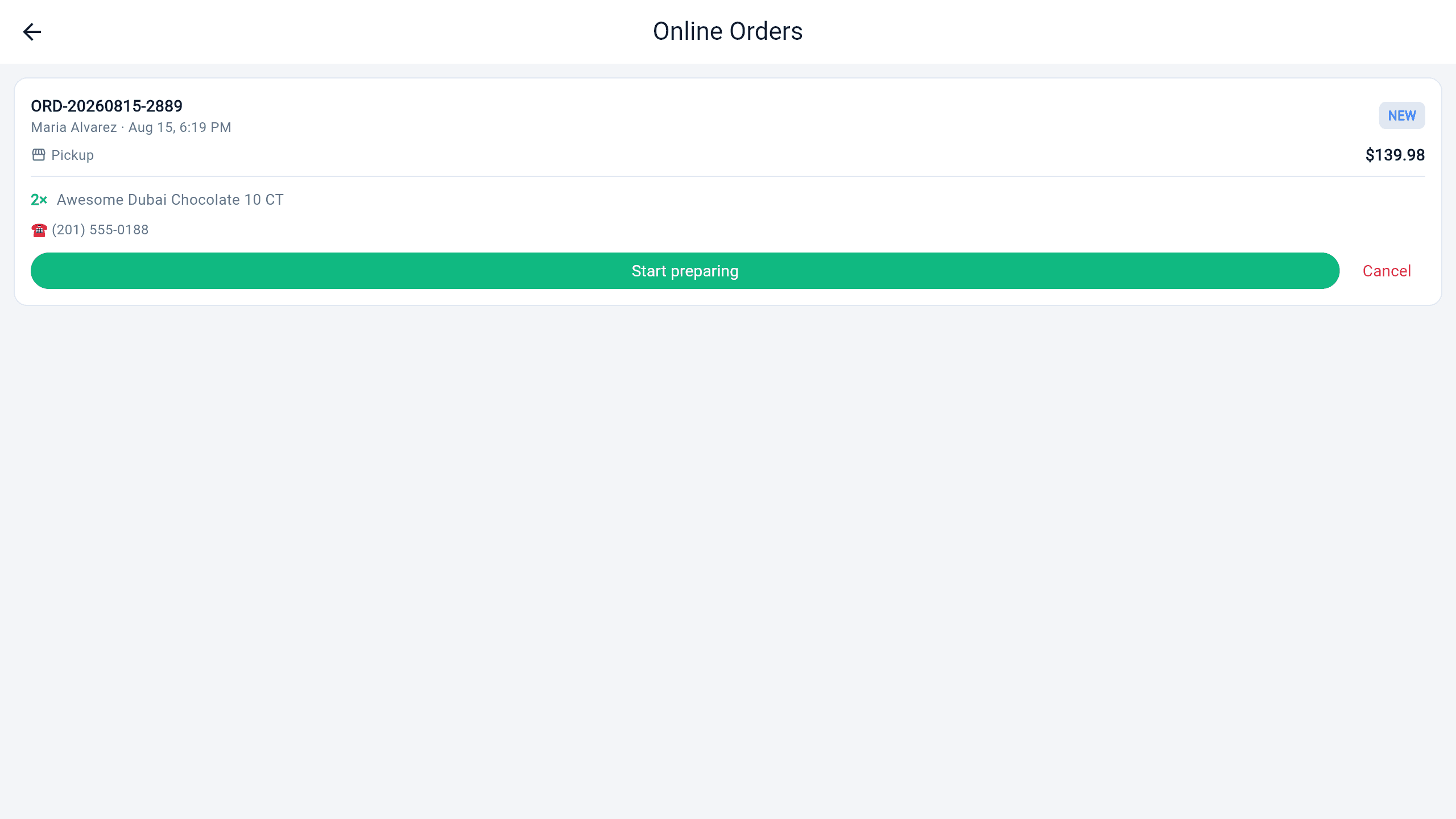 The register's online orders queue showing a paid order with items, total and a button to advance it