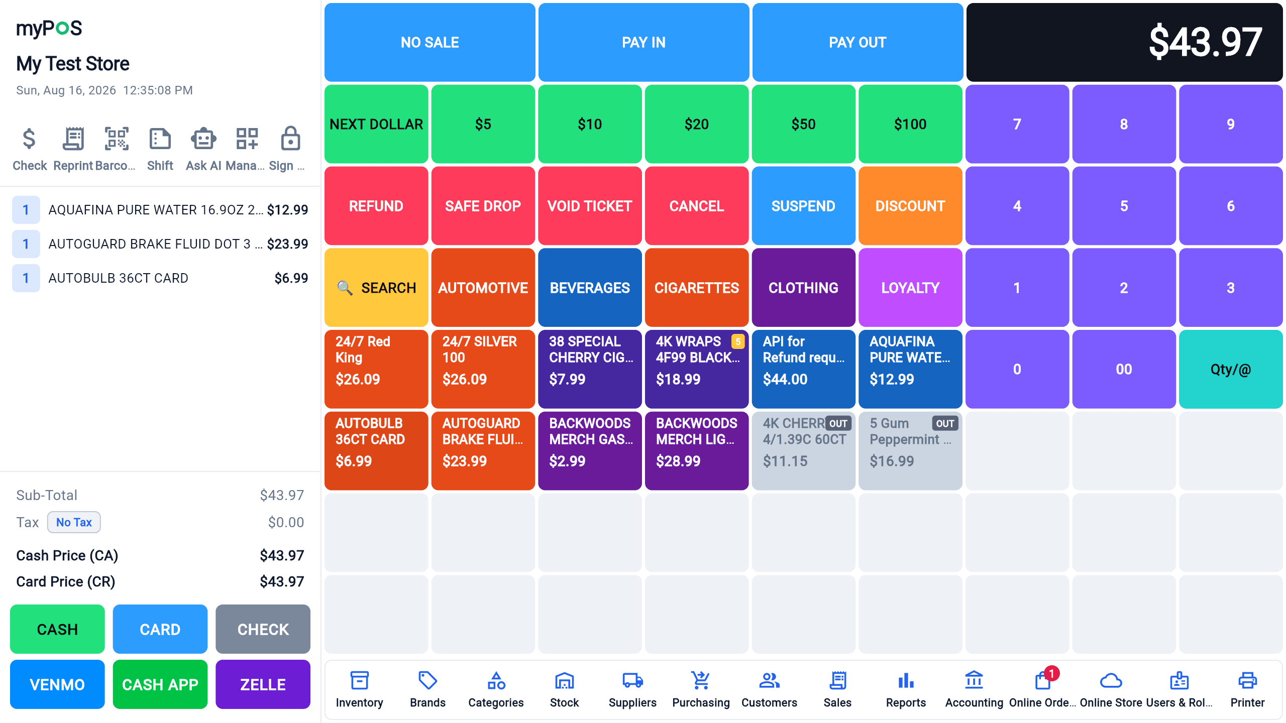 The NeatlyPOS register on a counter tablet: a live ticket with cash, card, check, Venmo, Cash App and Zelle tenders beside a colour-coded product grid