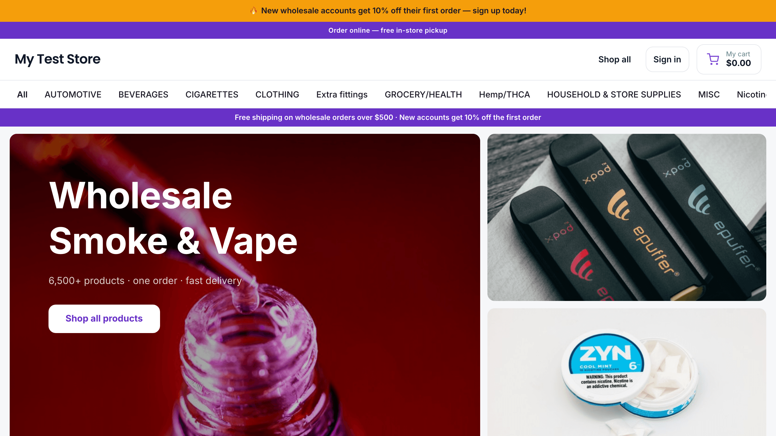 A live NeatlyPOS storefront: promo bar, branded header, category navigation and a hero banner