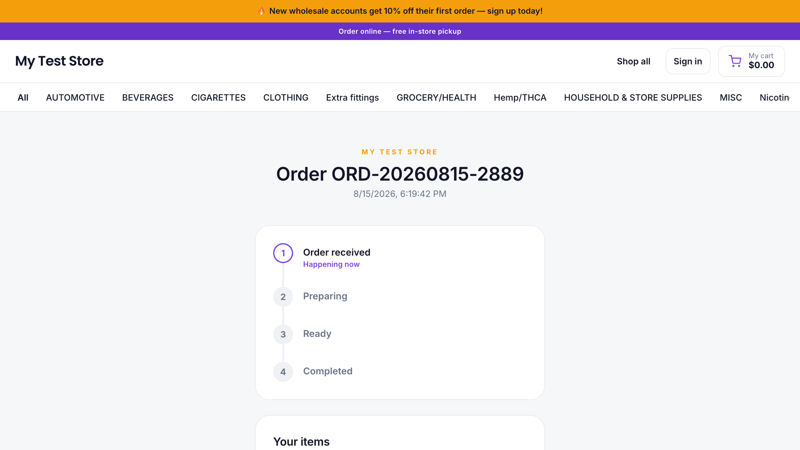 The customer's live order tracking page: order received, preparing, ready and completed